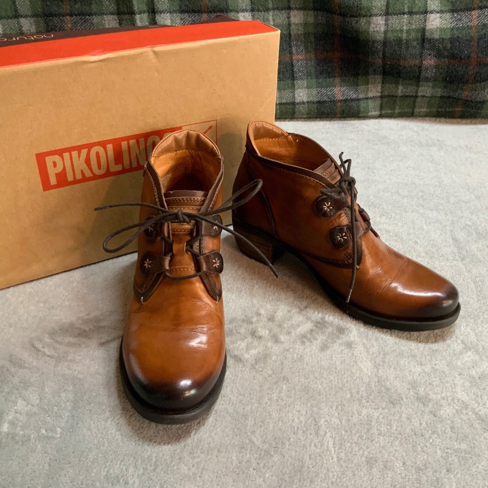 Pikolinos Women Brown Leather Lace Up Ankle Boots Block Heel Size 38 NIB